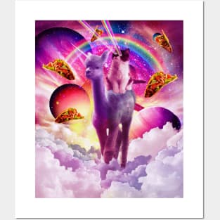 Cosmic Cat Riding Alpaca Unicorn Posters and Art